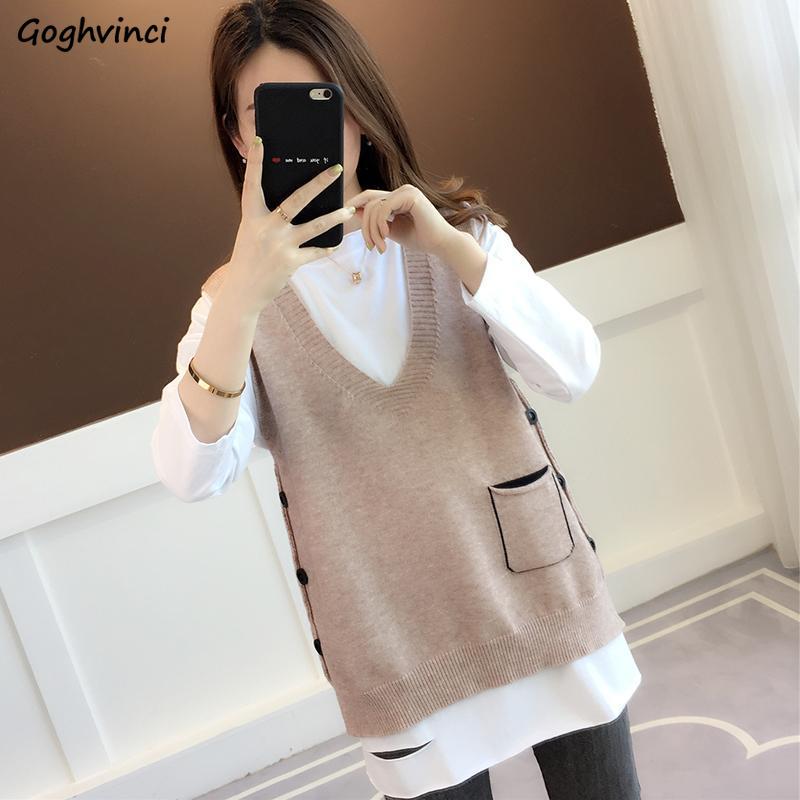 Sweater Vest Women V-neck Pockets Button Designed All-match Knitted Korean Preppy Style Autumn Female Sleeveless Sweaters Chic